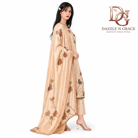 Cream Embroidered Kurta with Beadwork, Thread Work, Pant & Dupatta Set | Semi-Formal Ethnic Wear