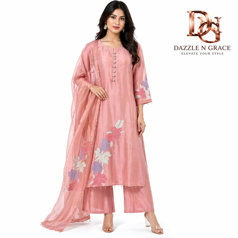 Peach Petal Floral Embroidered Salwar Suit with Button Detailing & Dupatta | Elegant Ethnic Wear