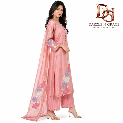 Peach Petal Floral Embroidered Salwar Suit with Button Detailing & Dupatta | Elegant Ethnic Wear