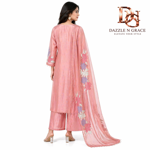 Peach Petal Floral Embroidered Salwar Suit with Button Detailing & Dupatta | Elegant Ethnic Wear