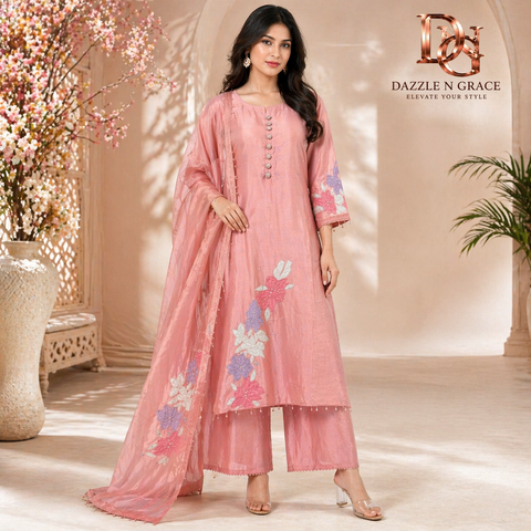 Peach Petal Floral Embroidered Salwar Suit with Button Detailing & Dupatta | Elegant Ethnic Wear