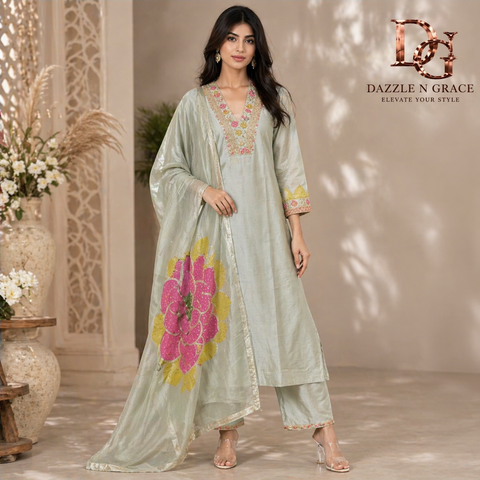 Pastel Mint Sage Green Kurta with Gota Zari V-Neck, Pant & Gold Border Dupatta | 3-Piece Festive Set