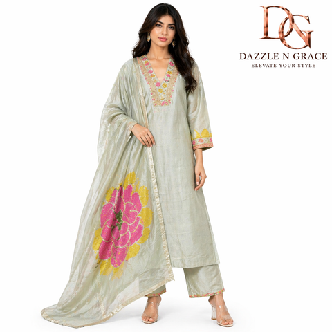 Pastel Mint Sage Green Kurta with Gota Zari V-Neck, Pant & Gold Border Dupatta | 3-Piece Festive Set