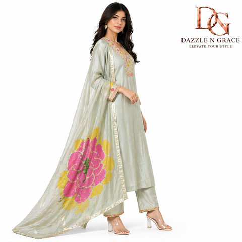 Pastel Mint Sage Green Kurta with Gota Zari V-Neck, Pant & Gold Border Dupatta | 3-Piece Festive Set