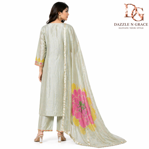 Pastel Mint Sage Green Kurta with Gota Zari V-Neck, Pant & Gold Border Dupatta | 3-Piece Festive Set