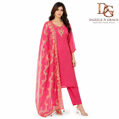 Rani Pink Zari Sequin Handwork Festive Kurta with Pant & Paisley Dupatta | 3-Piece Ethnic Set