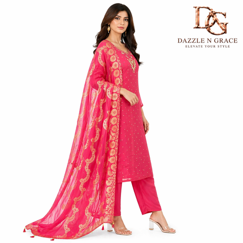 Rani Pink Zari Sequin Handwork Festive Kurta with Pant & Paisley Dupatta | 3-Piece Ethnic Set