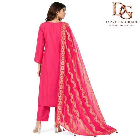 Rani Pink Zari Sequin Handwork Festive Kurta with Pant & Paisley Dupatta | 3-Piece Ethnic Set