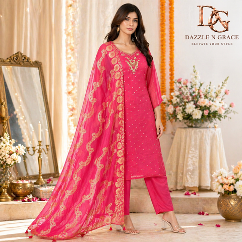 Rani Pink Zari Sequin Handwork Festive Kurta with Pant & Paisley Dupatta | 3-Piece Ethnic Set