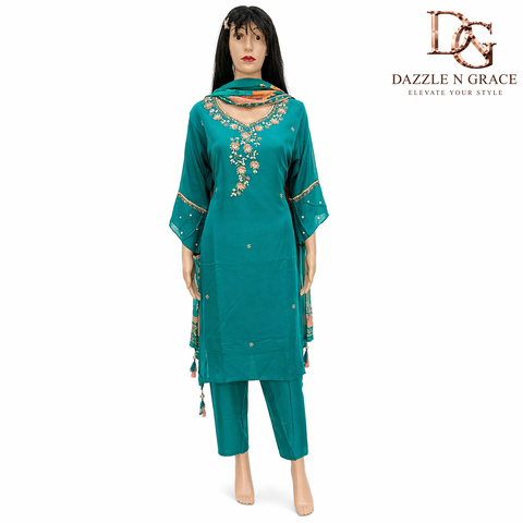 Teal Blossom Floral Embroidered Salwar Suit with Sequin Accents & Dupatta | Festive Ethnic Wear