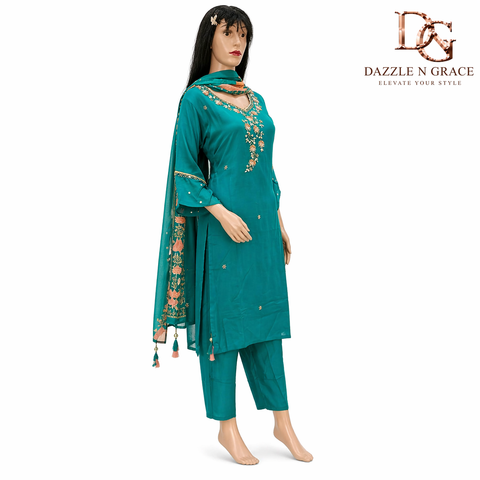 Teal Blossom Floral Embroidered Salwar Suit with Sequin Accents & Dupatta | Festive Ethnic Wear