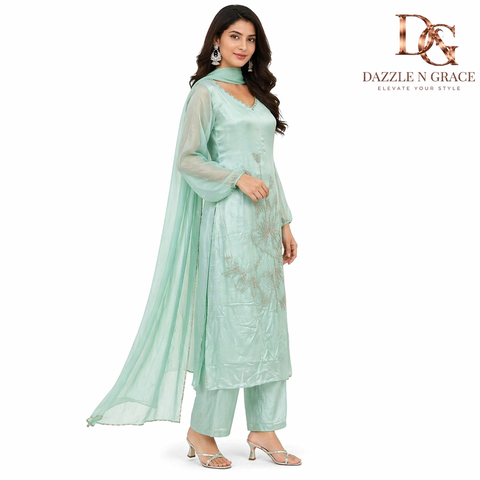 Mint Green Floral Embroidered Straight Kurta with Silver Beadwork Neckline | Festive Ethnic Wear