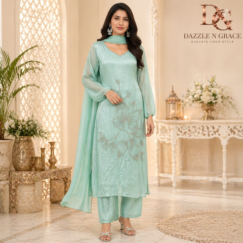 Mint Green Floral Embroidered Straight Kurta with Silver Beadwork Neckline | Festive Ethnic Wear
