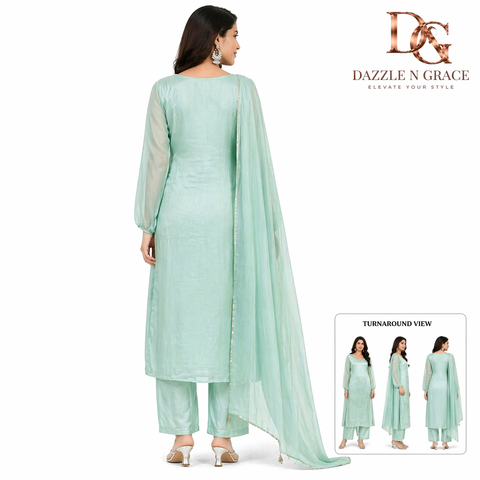Mint Green Floral Embroidered Straight Kurta with Silver Beadwork Neckline | Festive Ethnic Wear