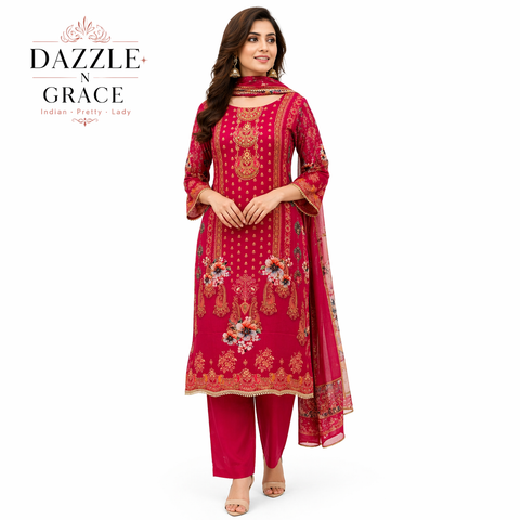 Rani Pink Ornate Print Kurta with Scallop-Edged Dupatta | 3-Piece Festive Ethnic Set