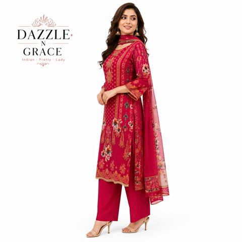 Rani Pink Ornate Print Kurta with Scallop-Edged Dupatta | 3-Piece Festive Ethnic Set