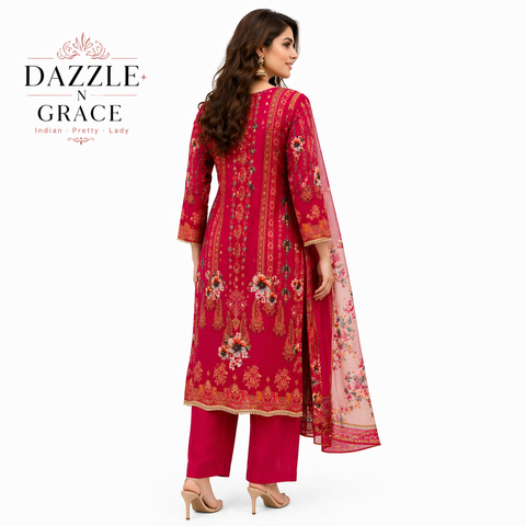 Rani Pink Ornate Print Kurta with Scallop-Edged Dupatta | 3-Piece Festive Ethnic Set