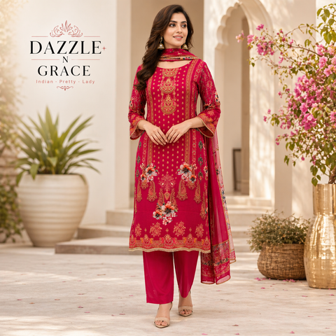Rani Pink Ornate Print Kurta with Scallop-Edged Dupatta | 3-Piece Festive Ethnic Set
