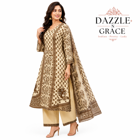 Cream & Brown Hand Block Print Cotton Kurti with Paisley Motifs & Dupatta | Ethnic Casual Wear