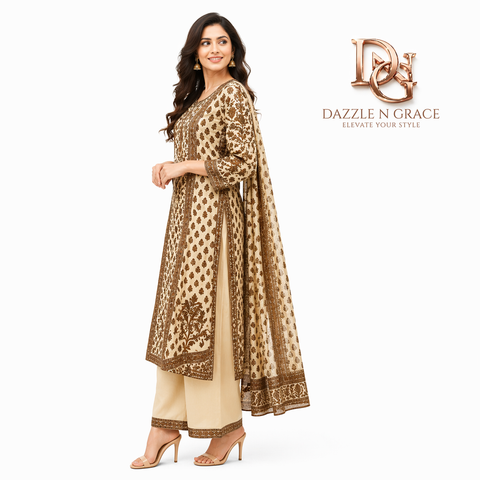 Cream & Brown Hand Block Print Cotton Kurti with Paisley Motifs & Dupatta | Ethnic Casual Wear