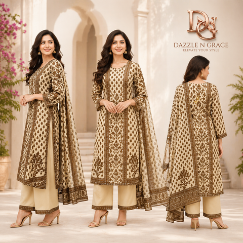 Cream & Brown Hand Block Print Cotton Kurti with Paisley Motifs & Dupatta | Ethnic Casual Wear