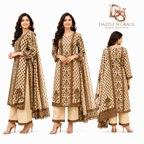 Cream & Brown Hand Block Print Cotton Kurti with Paisley Motifs & Dupatta | Ethnic Casual Wear