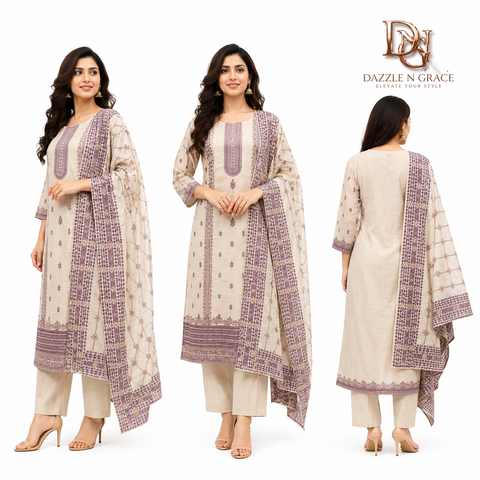 Sloka Cream & Lavender Floral Embroidered Pant Set | Festive Ethnic Wear for Women
