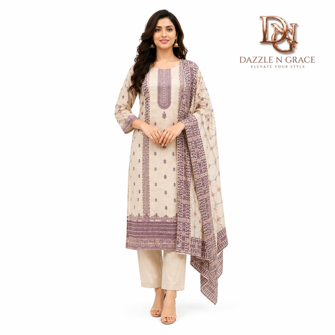 Sloka Cream & Lavender Floral Embroidered Pant Set | Festive Ethnic Wear for Women