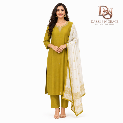 Golden Lime Silk-Blend Kurta with Embroidered Neckline | Festive Casual Ethnic Wear for Women