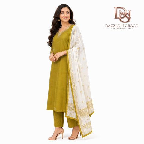 Golden Lime Silk-Blend Kurta with Embroidered Neckline | Festive Casual Ethnic Wear for Women