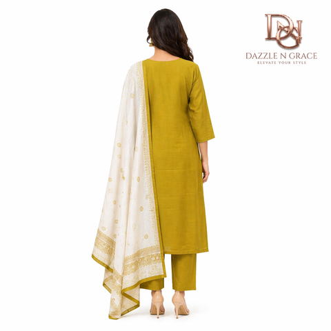Golden Lime Silk-Blend Kurta with Embroidered Neckline | Festive Casual Ethnic Wear for Women