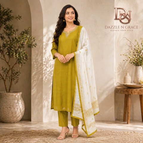 Golden Lime Silk-Blend Kurta with Embroidered Neckline | Festive Casual Ethnic Wear for Women