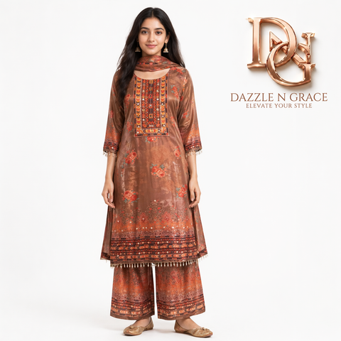 Mocha Brown Embroidered Yoke Kurta with Matching Dupatta | Casual Festive Ethnic Wear