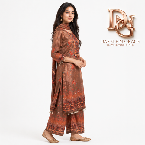 Mocha Brown Embroidered Yoke Kurta with Matching Dupatta | Casual Festive Ethnic Wear