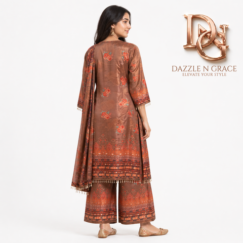 Mocha Brown Embroidered Yoke Kurta with Matching Dupatta | Casual Festive Ethnic Wear
