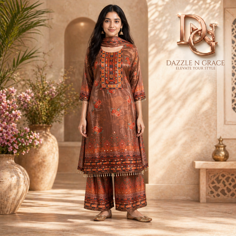 Mocha Brown Embroidered Yoke Kurta with Matching Dupatta | Casual Festive Ethnic Wear