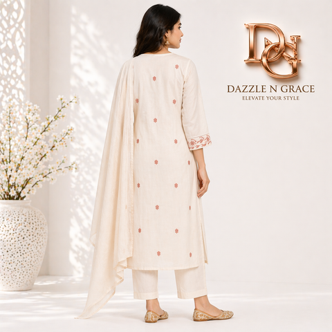 Aesha White Cotton Kurta Set with Maroon Hand Embroidery & Pant | Casual Ethnic Wear