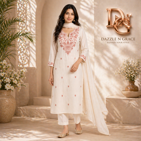 Aesha White Cotton Kurta Set with Maroon Hand Embroidery & Pant | Casual Ethnic Wear