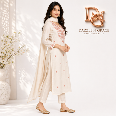 Aesha White Cotton Kurta Set with Maroon Hand Embroidery & Pant | Casual Ethnic Wear