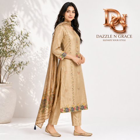Antique Gold Multi-Floral Sequin 3-Piece Suit Set | Kurta, Satin Pants & Tassel Dupatta | Wedding Wear