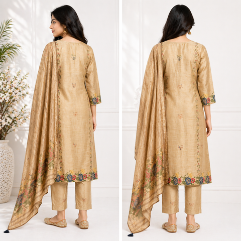 Antique Gold Multi-Floral Sequin 3-Piece Suit Set | Kurta, Satin Pants & Tassel Dupatta | Wedding Wear