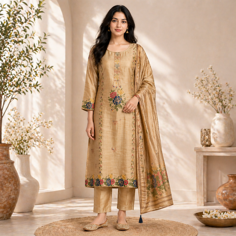 Antique Gold Multi-Floral Sequin 3-Piece Suit Set | Kurta, Satin Pants & Tassel Dupatta | Wedding Wear