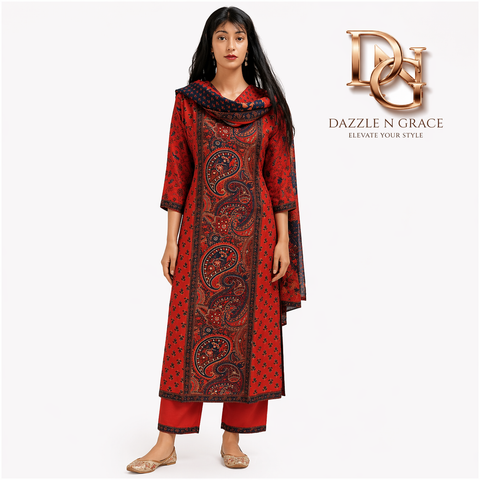 Red & Blue Ajrakh Printed Ethnic Kurti with Pant and Dupatta