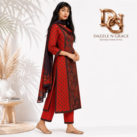 Red & Blue Ajrakh Printed Ethnic Kurti with Pant and Dupatta