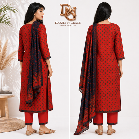 Red & Blue Ajrakh Printed Ethnic Kurti with Pant and Dupatta