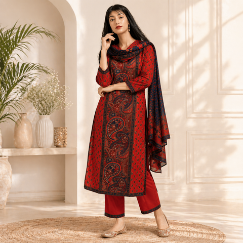 Red & Blue Ajrakh Printed Ethnic Kurti with Pant and Dupatta