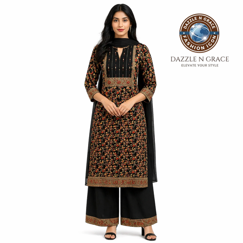Black Floral Printed Suit Set with Embroidered Yoke, Pant & Dupatta | Festive Ethnic Wear