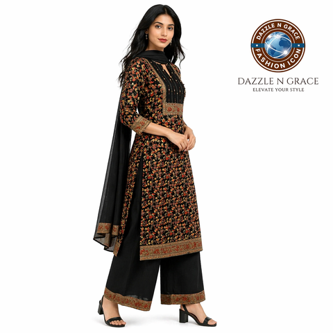 Black Floral Printed Suit Set with Embroidered Yoke, Pant & Dupatta | Festive Ethnic Wear