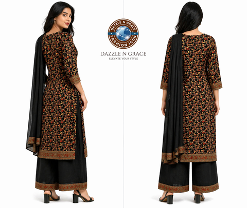 Black Floral Printed Suit Set with Embroidered Yoke, Pant & Dupatta | Festive Ethnic Wear