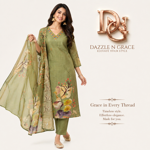 Sea Green Watercolor Floral Printed Kurti Set with Mirror Embroidered Neckline, Pants & Dupatta | Festive Ethnic Wear